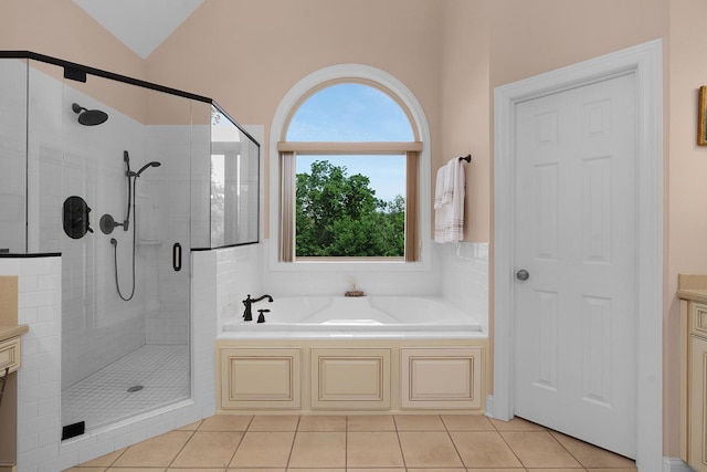 7237 River Run Dr, Chattanooga, TN 37416 - full bath with a garden tub, tile patterned flooring, a stall shower, vanity, and a wealth of natural light