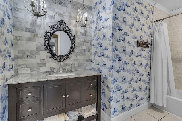 120 Tanasi Shr, Gallatin, TN 37066 - bathroom featuring crown molding, tile patterned flooring, shower / tub combo with curtain, vanity, and baseboards