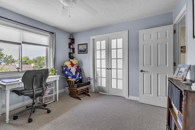 120 Tanasi Shr, Gallatin, TN 37066 - carpeted office with baseboards, a ceiling fan, a textured ceiling, and french doors