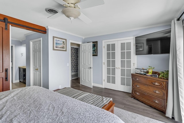 120 Tanasi Shr, Gallatin, TN 37066 - bedroom with visible vents, ornamental molding, wood finished floors, baseboards, and french doors