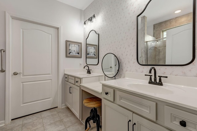 1235 Del Webb Blvd, Spring Hill, TN 37174 - full bath with wallpapered walls, tile patterned floors, vanity, and tiled shower