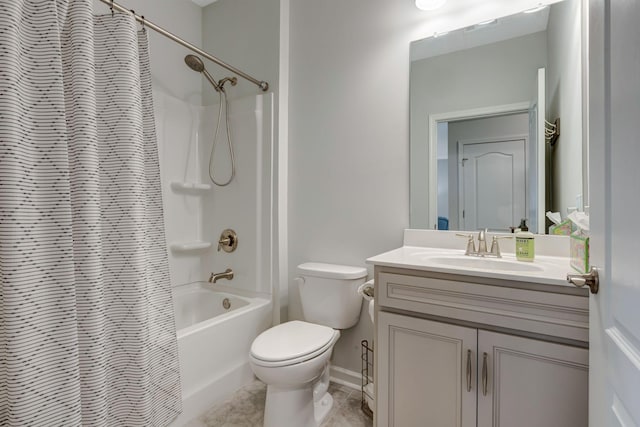 bathroom featuring vanity, toilet, and shower / tub combo with curtain