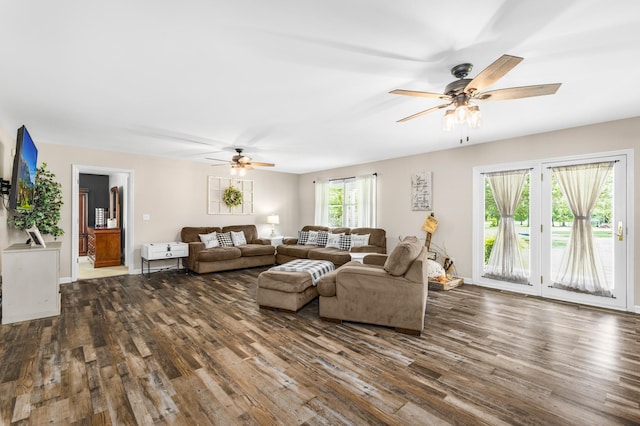140 Keele Rd, Manchester, TN 37355 - living room with a ceiling fan, dark wood-type flooring, and baseboards