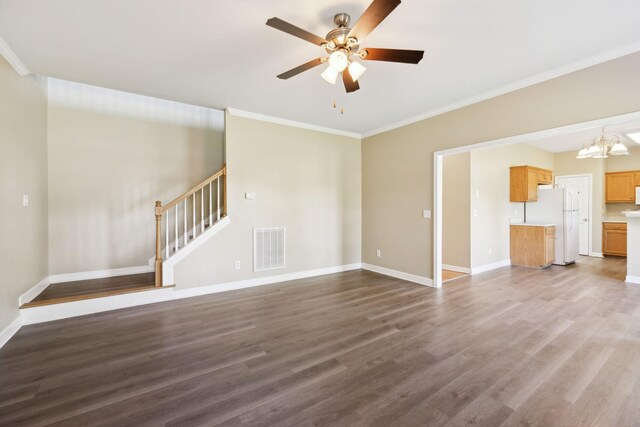 1030 Persimmon Dr, Spring Hill, TN 37174 - unfurnished living room with a chandelier, stairway, a ceiling fan, crown molding, and baseboards