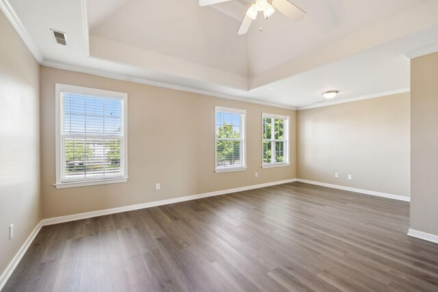 1030 Persimmon Dr, Spring Hill, TN 37174 - spare room with dark wood-style floors, ornamental molding, baseboards, and ceiling fan