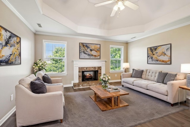 1030 Persimmon Dr, Spring Hill, TN 37174 - living area featuring wood finished floors, a tray ceiling, a ceiling fan, a high end fireplace, and ornamental molding