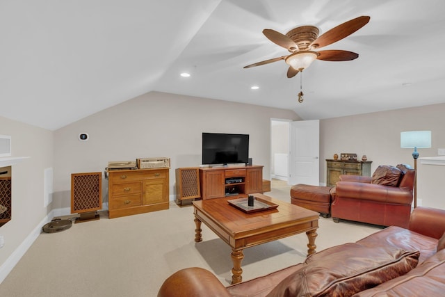 living room with a ceiling fan, baseboards, lofted ceiling, light carpet, and recessed lighting