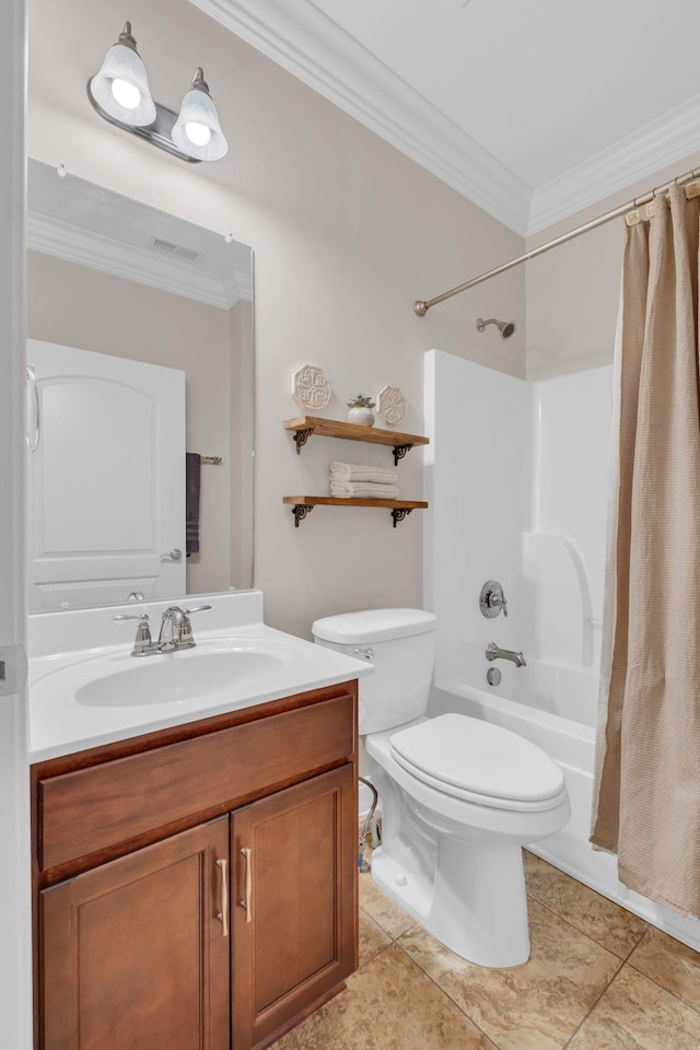full bathroom featuring vanity, ornamental molding, toilet, and shower / bath combination with curtain