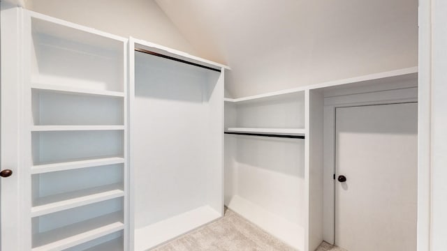 spacious closet with carpet floors and vaulted ceiling