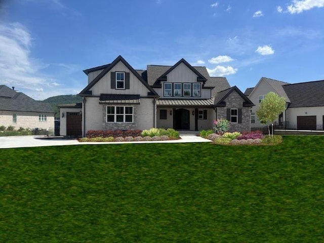 craftsman inspired home featuring board and batten siding, a standing seam roof, a front yard, an attached garage, and stone siding