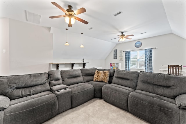 living room featuring ceiling fan, visible vents, light carpet, and vaulted ceiling