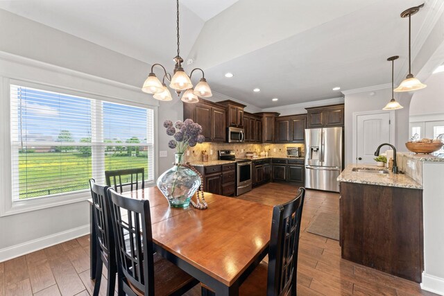 dining space featuring an inviting chandelier, dark wood finished floors, baseboards, and a healthy amount of sunlight