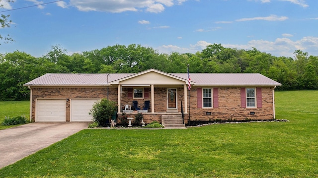 1213 Shackelford Dr, Mount Pleasant, TN 38474 - ranch-style home with a front lawn, a garage, a porch, driveway, and metal roof