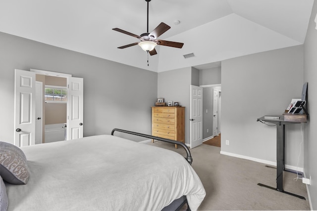 carpeted bedroom with baseboards, ceiling fan, vaulted ceiling, and visible vents