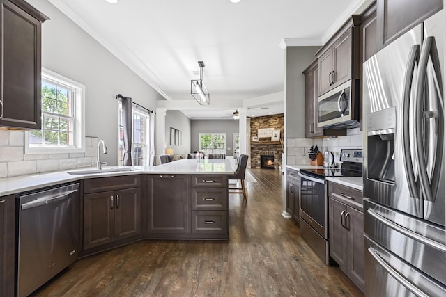 kitchen featuring open floor plan, appliances with stainless steel finishes, dark brown cabinetry, and a sink