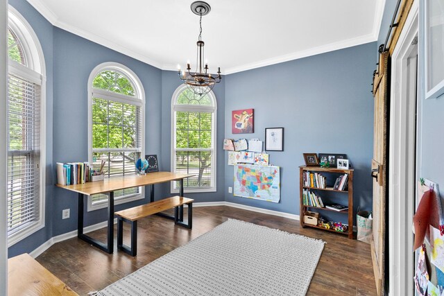 office area featuring an inviting chandelier, crown molding, dark wood finished floors, and a wealth of natural light