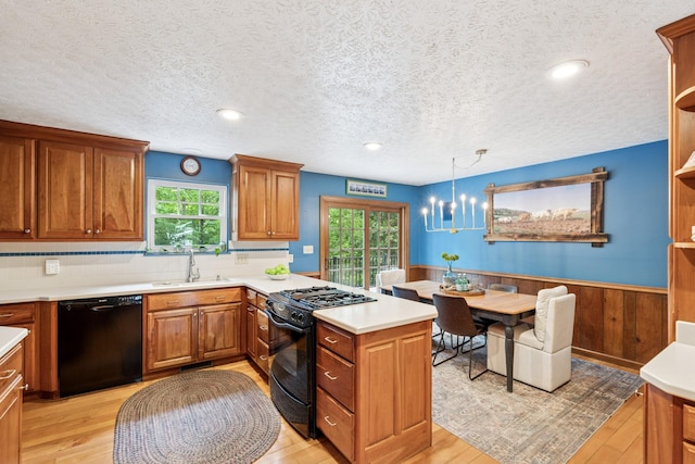 319 Powder Mill Dr, Ashland City, TN 37015 - kitchen with light wood-type flooring, a sink, a peninsula, and black appliances