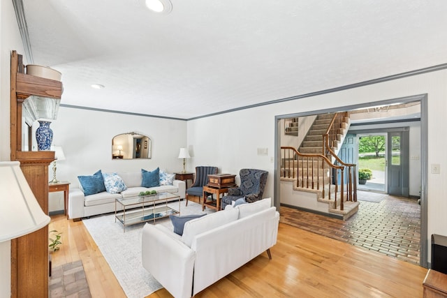 319 Powder Mill Dr, Ashland City, TN 37015 - living room featuring recessed lighting, ornamental molding, wood finished floors, and stairway