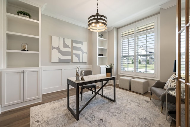 121 Dylan Woods Dr, Nolensville, TN 37135 - home office with an inviting chandelier, crown molding, dark wood finished floors, and built in shelves