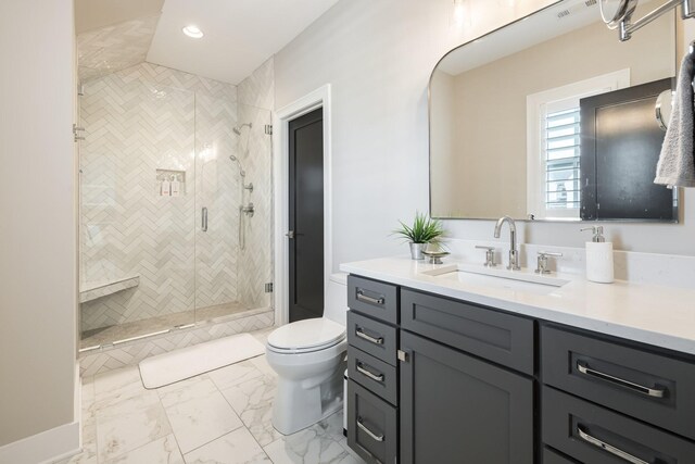 121 Dylan Woods Dr, Nolensville, TN 37135 - full bathroom with vanity, a shower stall, toilet, and marble finish floor