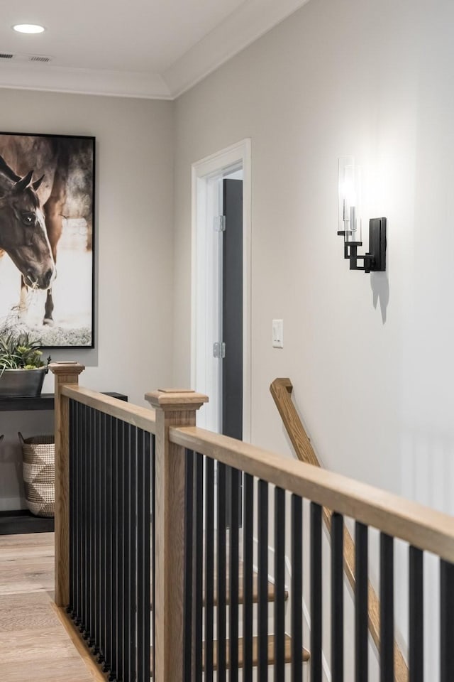 121 Dylan Woods Dr, Nolensville, TN 37135 - hall with visible vents, crown molding, an upstairs landing, recessed lighting, and light wood-style flooring