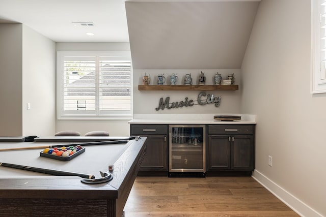 121 Dylan Woods Dr, Nolensville, TN 37135 - bar with visible vents, beverage cooler, pool table, a bar, and light wood-style flooring