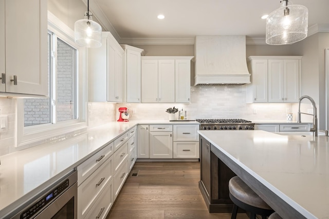 121 Dylan Woods Dr, Nolensville, TN 37135 - kitchen with a sink, white cabinetry, custom exhaust hood, and light countertops