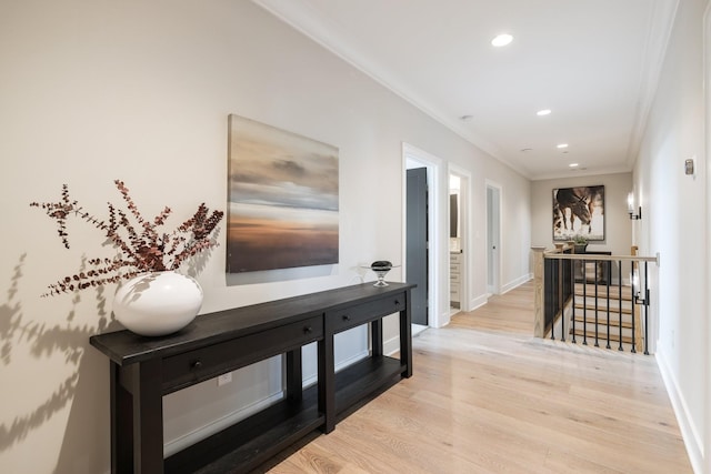 121 Dylan Woods Dr, Nolensville, TN 37135 - corridor with crown molding, baseboards, an upstairs landing, and light wood-type flooring