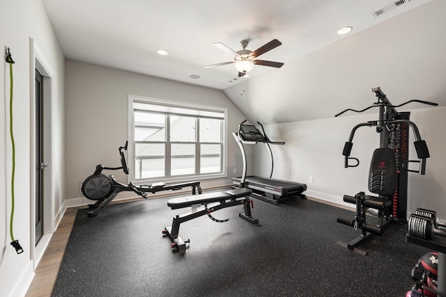 121 Dylan Woods Dr, Nolensville, TN 37135 - exercise room with visible vents, lofted ceiling, baseboards, recessed lighting, and a ceiling fan
