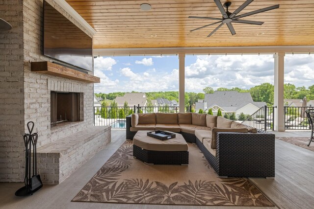 121 Dylan Woods Dr, Nolensville, TN 37135 - living room featuring wooden ceiling, a residential view, and a ceiling fan