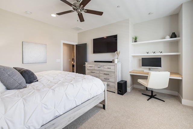 121 Dylan Woods Dr, Nolensville, TN 37135 - bedroom with visible vents, light carpet, baseboards, ceiling fan, and built in desk