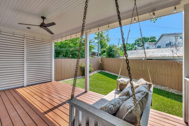 503B Acklen Park Dr, Nashville, TN 37205 - wooden terrace with a fenced backyard, a lawn, ceiling fan, and an outdoor living space