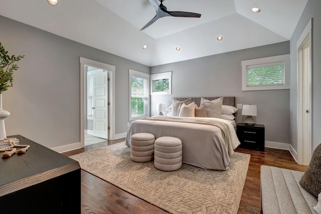 503B Acklen Park Dr, Nashville, TN 37205 - bedroom with a ceiling fan, dark wood-style flooring, baseboards, lofted ceiling, and recessed lighting