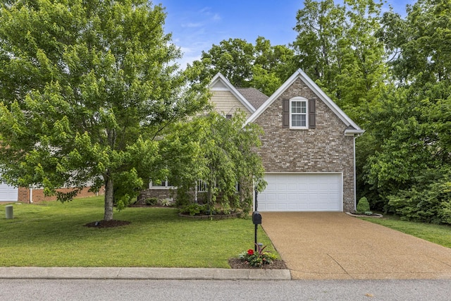 obstructed view of property featuring brick siding, an attached garage, driveway, and a front lawn