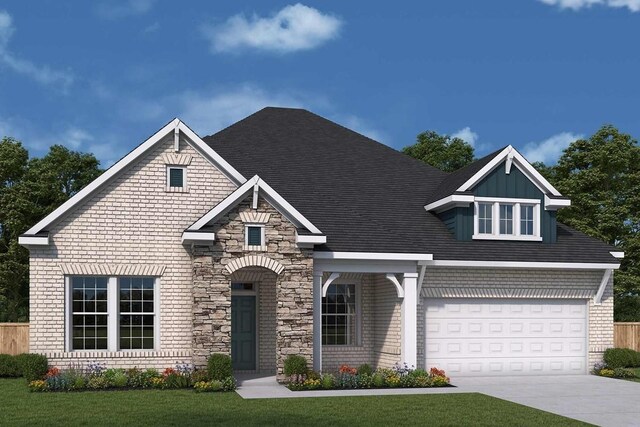 view of front of property with fence, a front lawn, brick siding, stone siding, and driveway