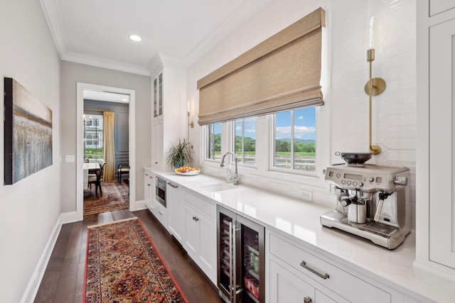 bar featuring a sink, ornamental molding, wine cooler, backsplash, and dark wood-style floors