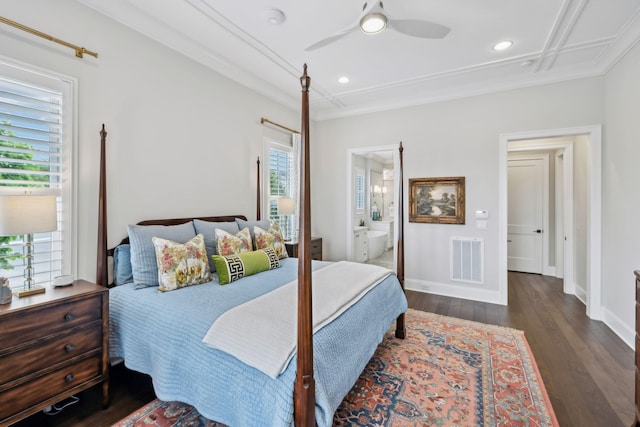 bedroom featuring wood-type flooring, visible vents, ornamental molding, and ensuite bath