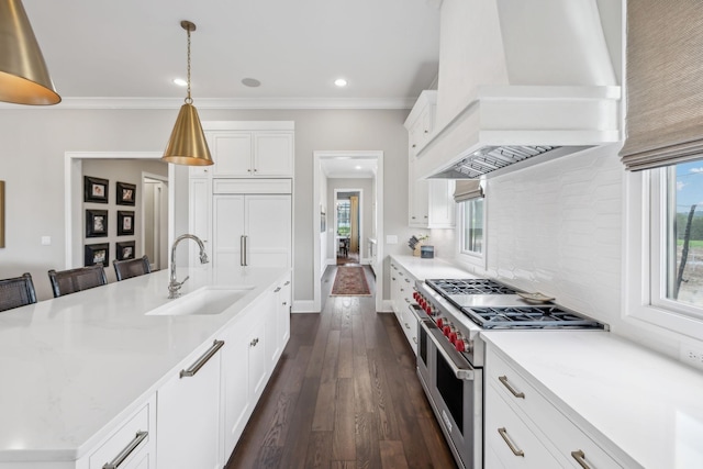 kitchen featuring a sink, premium range hood, white cabinetry, decorative backsplash, and double oven range