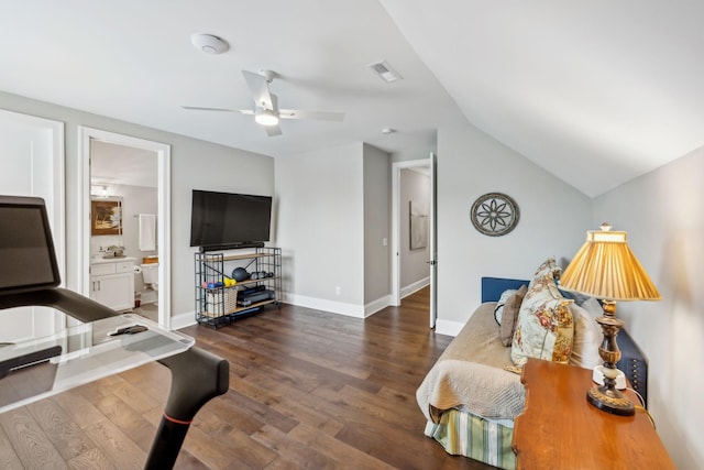 living room with ceiling fan, visible vents, vaulted ceiling, baseboards, and dark wood-type flooring