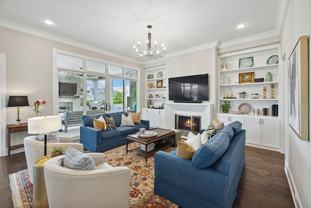 living area with crown molding, baseboards, dark wood-type flooring, and a lit fireplace