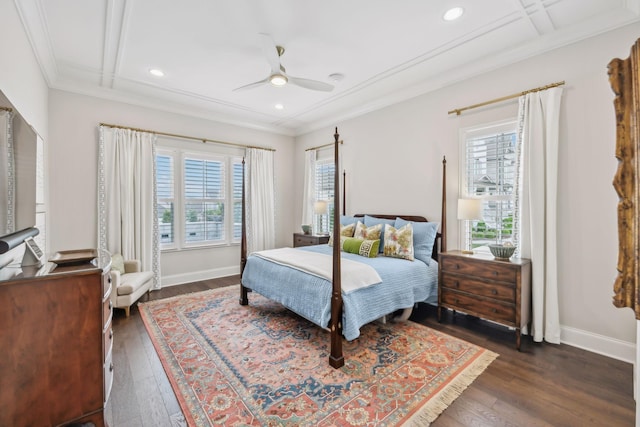 bedroom with multiple windows, ornamental molding, and dark wood finished floors