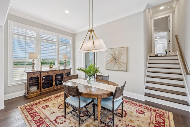 dining area featuring crown molding, dark wood-style flooring, baseboards, stairway, and recessed lighting