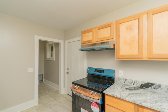 716 Larkin Ave, Chattanooga, TN 37411 - kitchen featuring light brown cabinets, stainless steel electric range, baseboards, under cabinet range hood, and marble finish floor