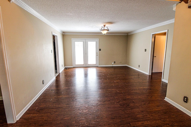 unfurnished room with crown molding, a textured ceiling, baseboards, and dark wood-type flooring