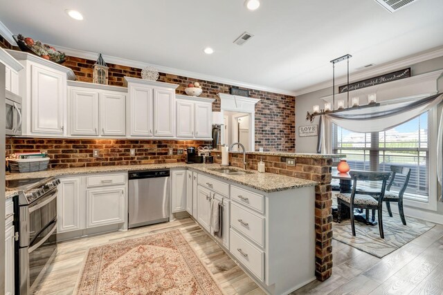 kitchen featuring a sink, white cabinetry, a peninsula, and stainless steel appliances