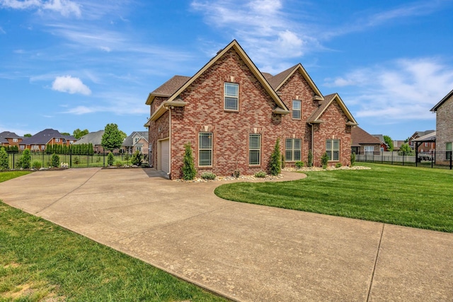 view of front of house with a residential view, brick siding, fence, a front lawn, and concrete driveway