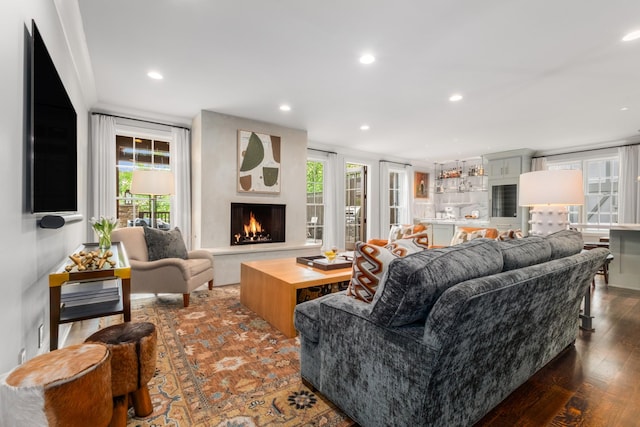 208 Carden Ave, Nashville, TN 37205 - living area with dark wood finished floors, a large fireplace, and recessed lighting