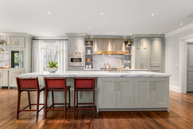208 Carden Ave, Nashville, TN 37205 - kitchen with oven, a sink, extractor fan, gray cabinets, and tasteful backsplash