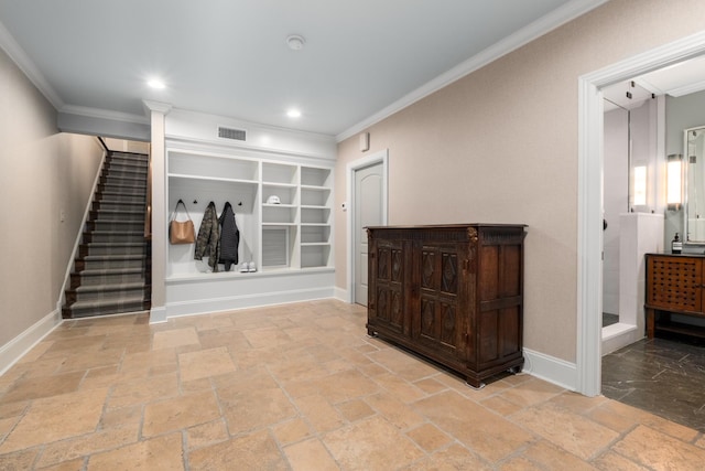 208 Carden Ave, Nashville, TN 37205 - interior space featuring stairs, stone tile floors, baseboards, visible vents, and ornamental molding