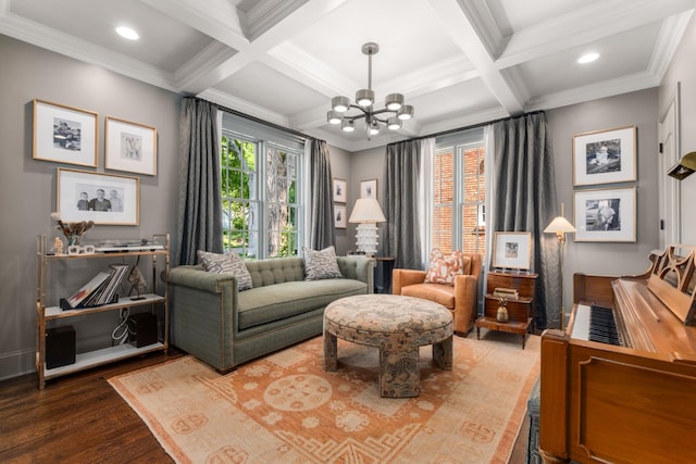 208 Carden Ave, Nashville, TN 37205 - sitting room featuring coffered ceiling, wood finished floors, a chandelier, and beam ceiling